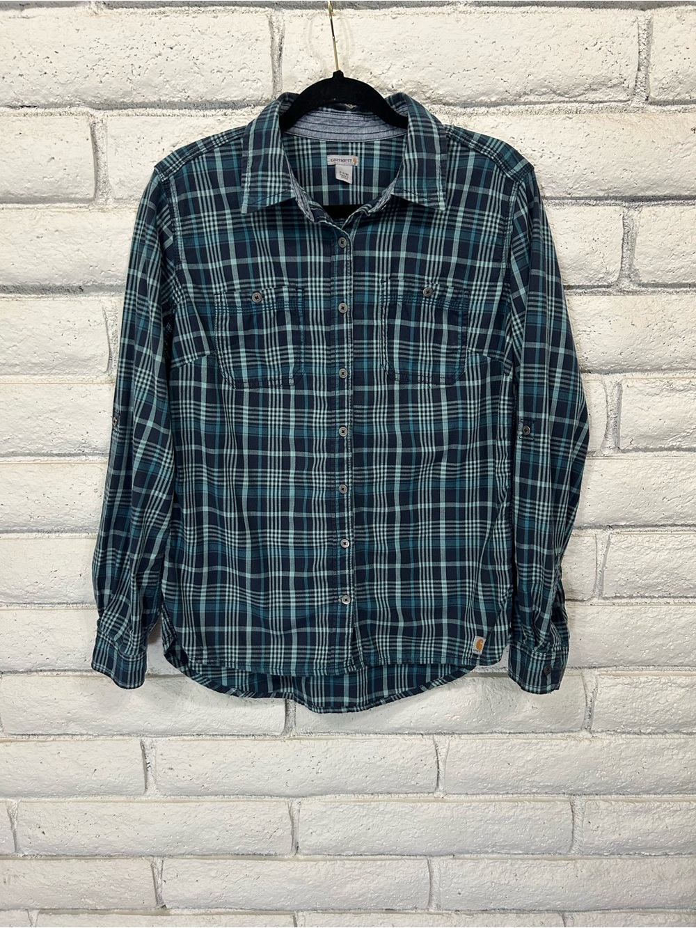 Carhartt Women's Plaid Button Up Shirt Blue‎ Teal Small Outdoor